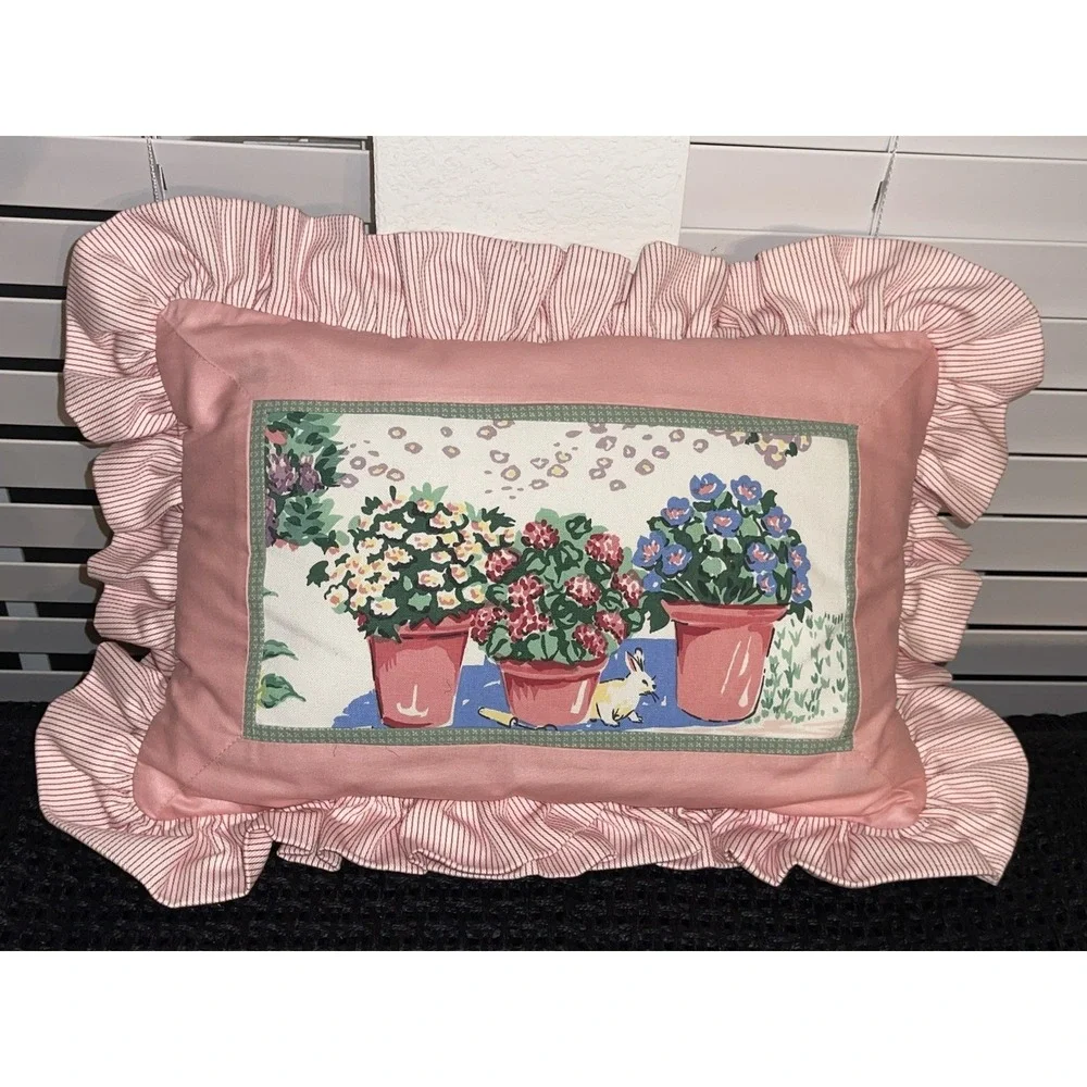 Vintage Ruffled Trim Cottage Core Accent Pillow Flower Pots Rabbit